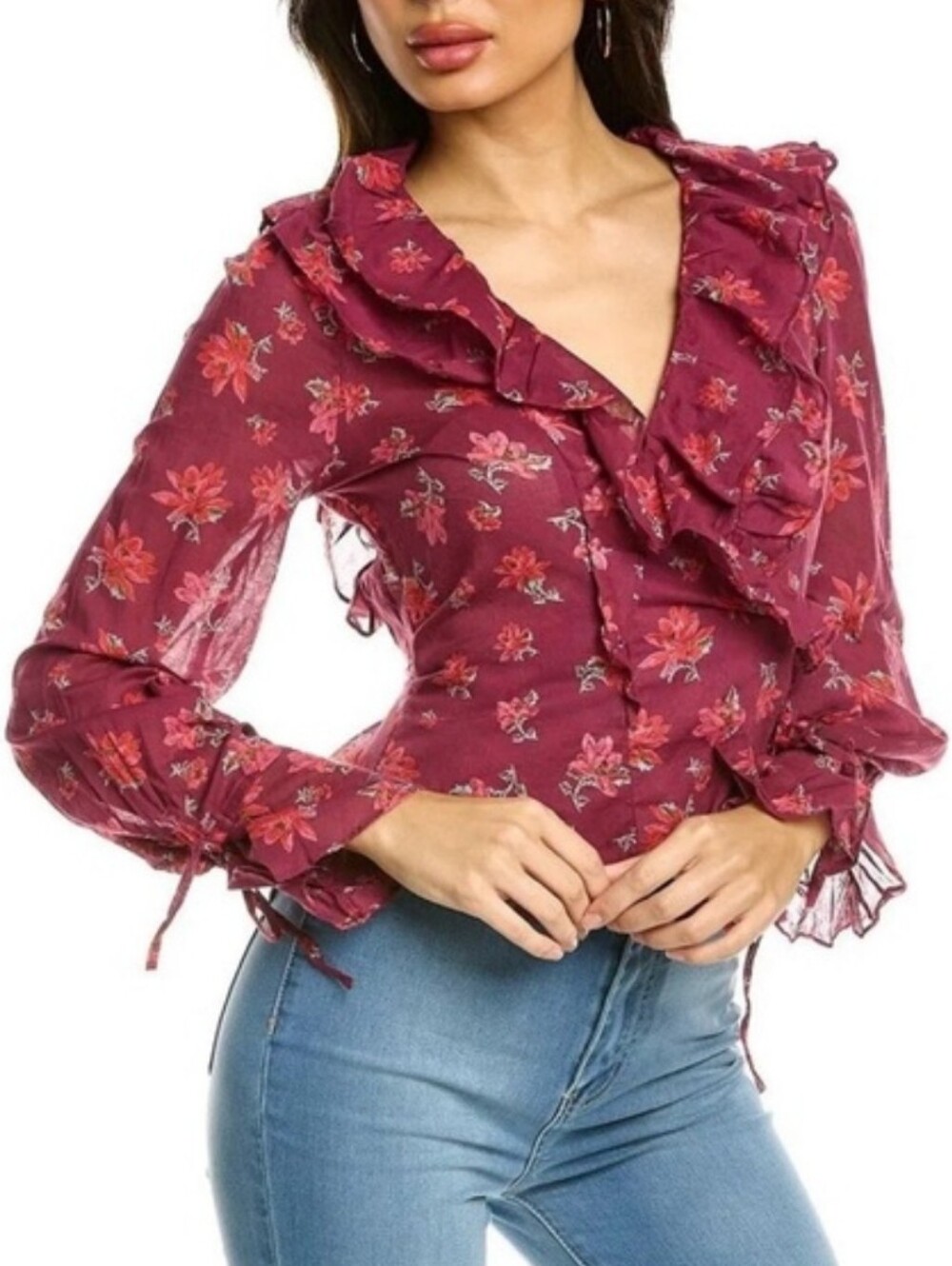 Free People Amanda Surplice V Neck Ruffled Floral Wrap Peasant Top Red Medium